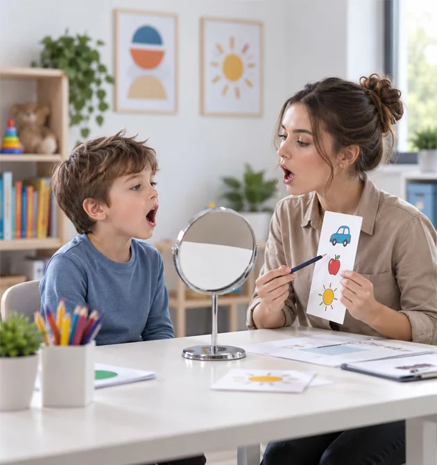 Child receiving cluttering speech therapy support