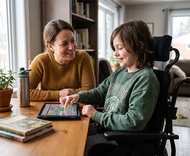 Child using AAC for cerebral palsy communication