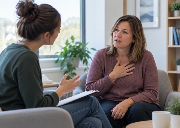 Adult receiving stuttering therapy support