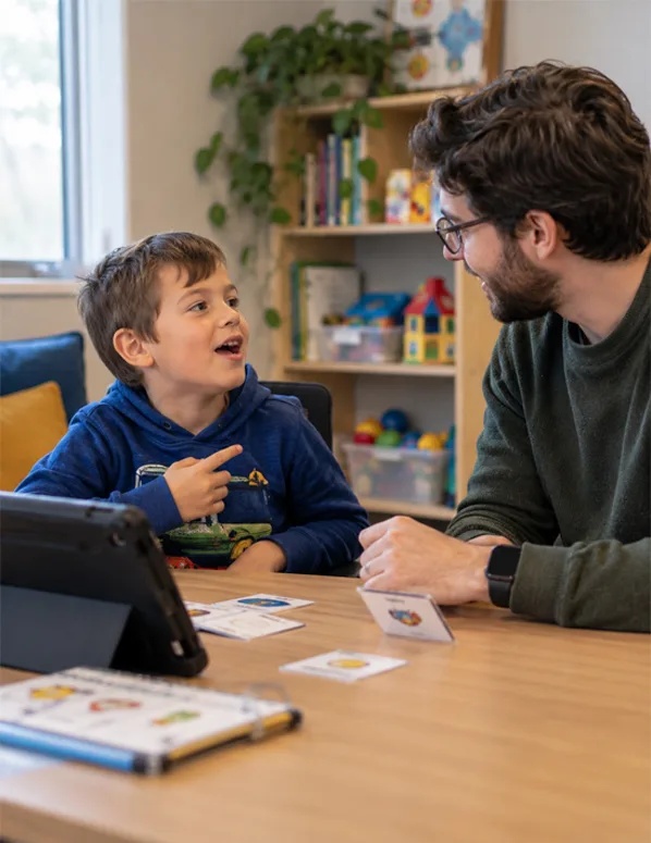 Child practicing speech movements with therapist