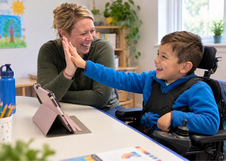 Child receiving motor-speech therapy support