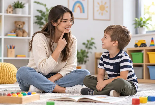 Child practicing communication skills with a speech therapist