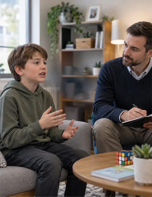 Child showing stuttering symptoms during speech therapy