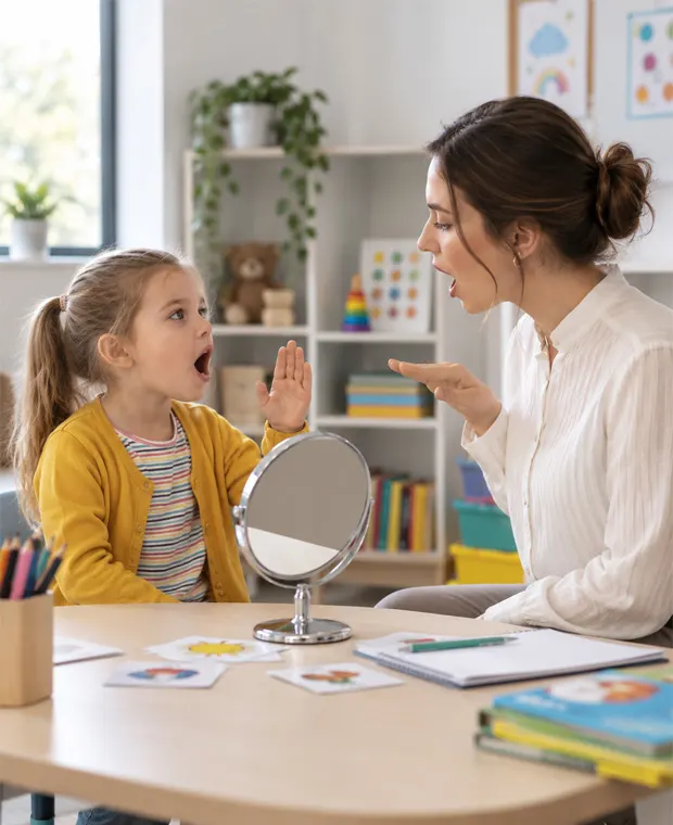 Child receiving stuttering and cluttering therapy support