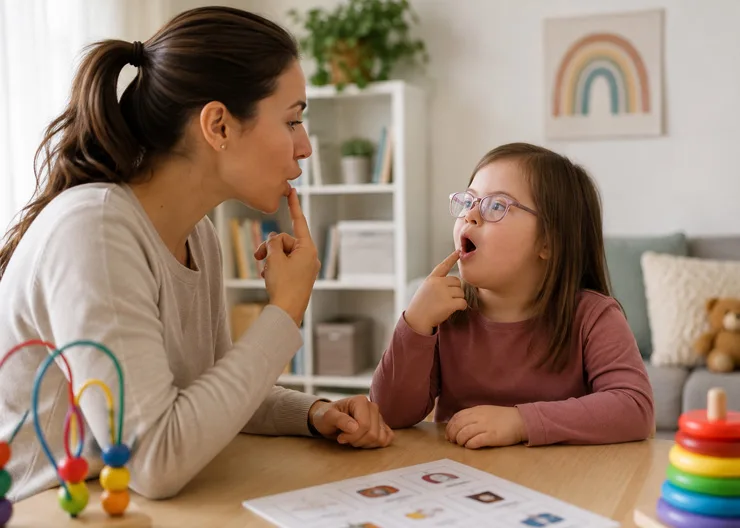 Therapist practicing speech with a child with Down syndrome.