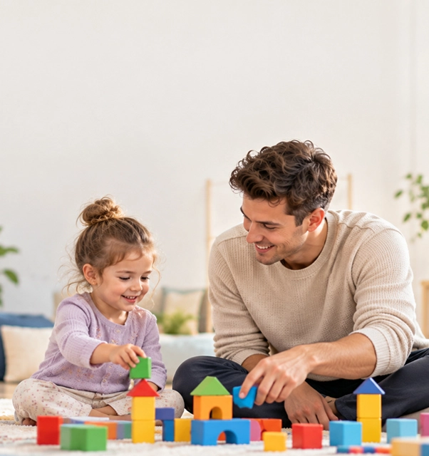 Father supporting his young daughter with at-home developmental therapy activities.