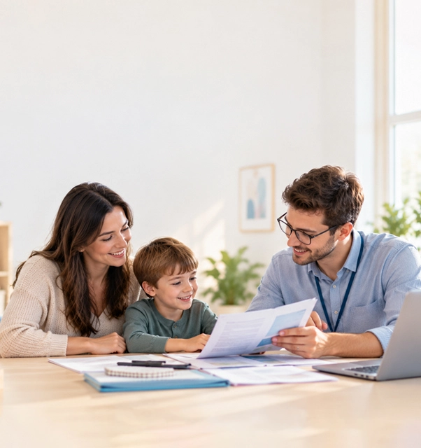 Parents reviewing autism funding eligibility and support options for their child.