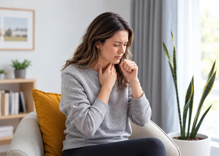 Woman experiencing hoarseness and voice strain.