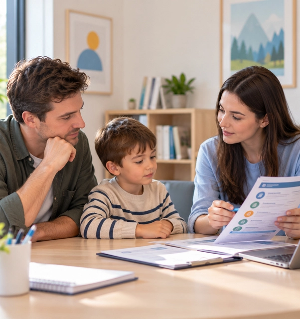 Parents discussing speech therapy insurance coverage with a therapist.