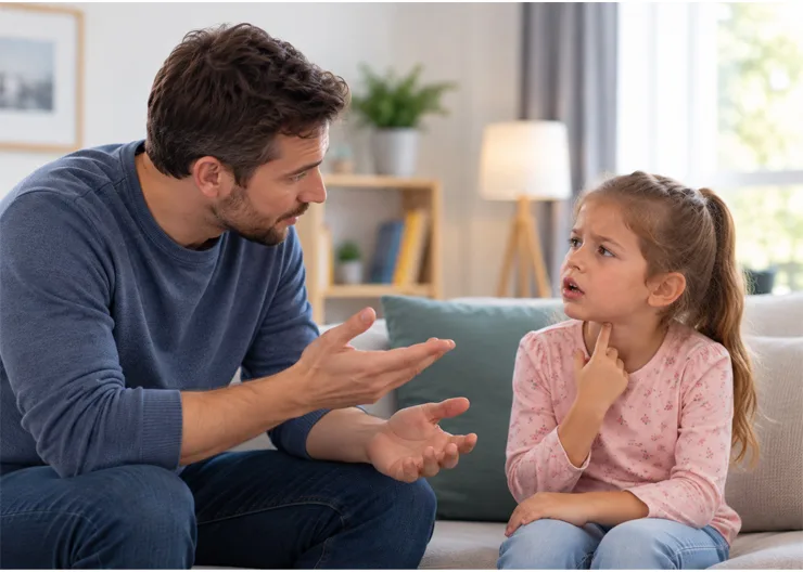 Father discussing voice changes with his daughter.